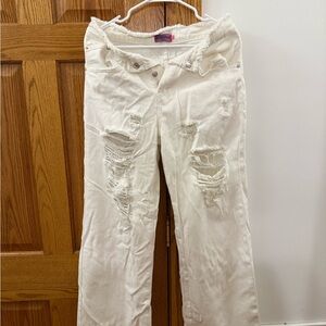 Distressed Fold Over Boyfriend White Jeans